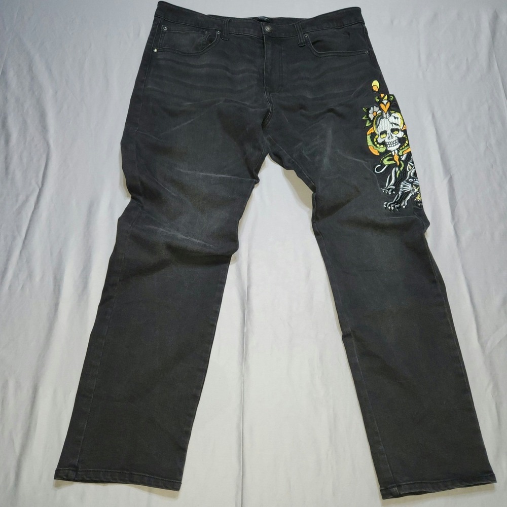 Ed Hardy Mens Black Denim Jeans Embroidered Panther Skull Tattoo Graphic 38x31